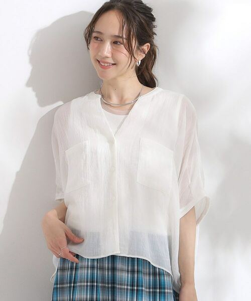 SHOO・LA・RUE / シューラルー シャツ・ブラウス | 程よいシアー感 ポケットドルマン5分袖シャツ(ホワイト(001))