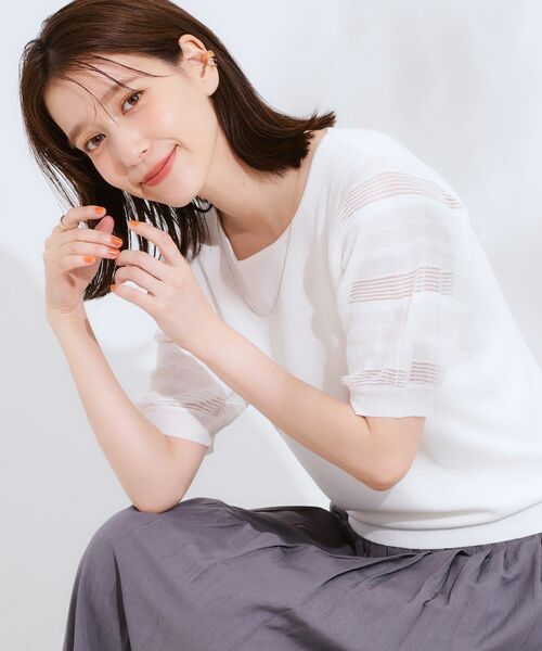 SHOO・LA・RUE / シューラルー ニット・セーター | 【S-LL】大人上品な お袖シアー切り替えニット(オフホワイト(003))