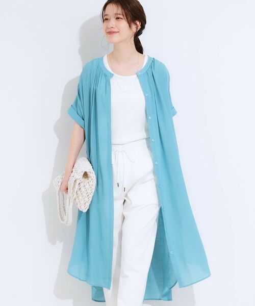 SHOO・LA・RUE / シューラルー ミニ丈・ひざ丈ワンピース | 【洗える/S-LL/ひんやり】ふんわり軽やかに 前あきロングシャツ(ブルー(092))