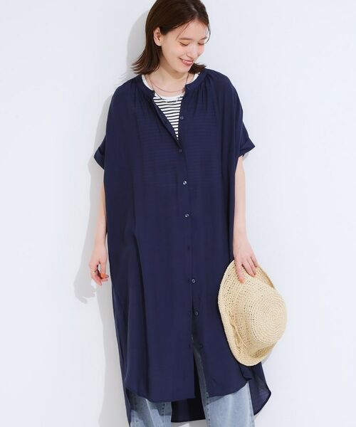 SHOO・LA・RUE / シューラルー ミニ丈・ひざ丈ワンピース | 【洗える/S-LL/ひんやり】ふんわり軽やかに 前あきロングシャツ(ネイビー(094))