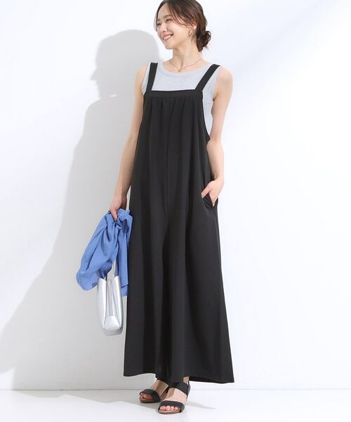 SHOO・LA・RUE/シューラルー 【洗える/S-LL】裏がサラサラ やわらか ギャザーサロペット ブラック(019) 02(M) SHOO・LA・RUE/シューラルー 【洗える/S-LL】裏がサラサラ やわらか ギャザーサロペット ブラック(019) 02(M)