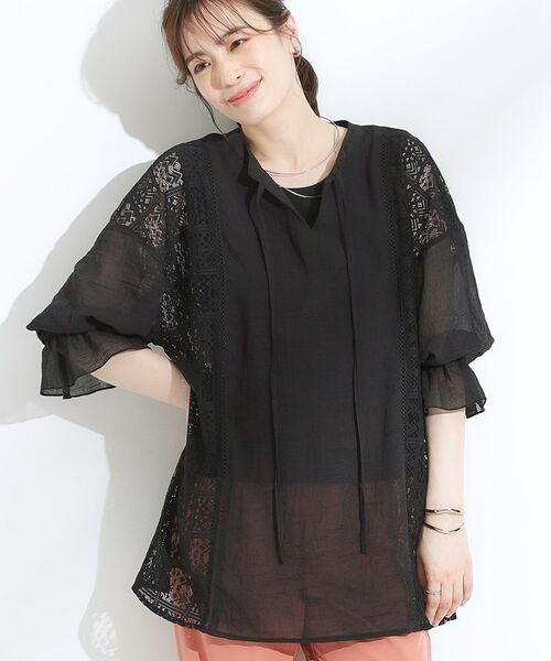 SHOO・LA・RUE / シューラルー シャツ・ブラウス | 【着丈選べる】一枚でこなれ見え サイドレースブラウス(ブラック(019))