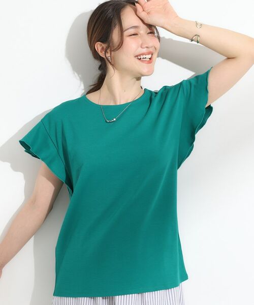 SHOO・LA・RUE / シューラルー Tシャツ | 【汗ジミ防止/ひんやり/UV】フリルスリーブTシャツ(グリーン(022))