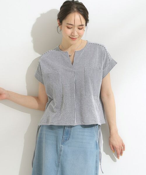 SHOO・LA・RUE / シューラルー カットソー | 【洗える/S-LL】シルエット変化を楽しめる サッカーストライプ柄スキッパートップス | 詳細3