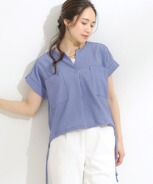 SHOO・LA・RUE / シューラルー カットソー | 【洗える/S-LL】シルエット変化を楽しめる サッカーストライプ柄スキッパートップス(ブルー(393))