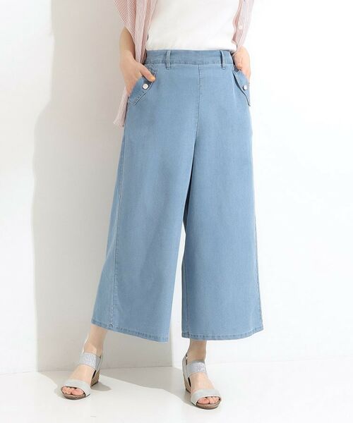 SHOO・LA・RUE / シューラルー デニムパンツ | 【洗える/S-LL/ひんやり】金ボタンがアクセント 大人のデニムガウチョパンツ(ブルー(091))