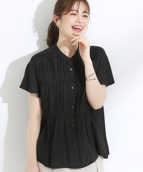 SHOO・LA・RUE / シューラルー シャツ・ブラウス | 【洗える/S-LL】一枚で着映え ティアード風 ギャザーブラウス(ブラック(019))