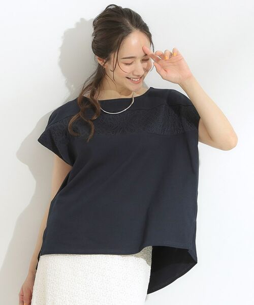 SHOO・LA・RUE / シューラルー カットソー | 【洗える/S-LL/体型カバー】レース使いが華やか フレンチスリーブコットンTシャツ | 詳細1