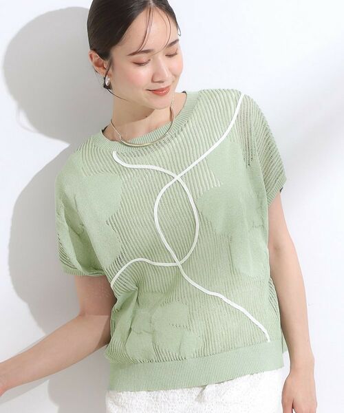 SHOO・LA・RUE / シューラルー ニット・セーター | 【S-LL】にょろにょろ刺繍 透かし編みニット(ミントグリーン(021))