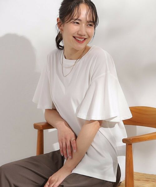 SHOO・LA・RUE / シューラルー Tシャツ | 【S-LL/ひんやり/二の腕カバー】華やかさをプラスする お袖フリルTシャツ(オフホワイト(003))