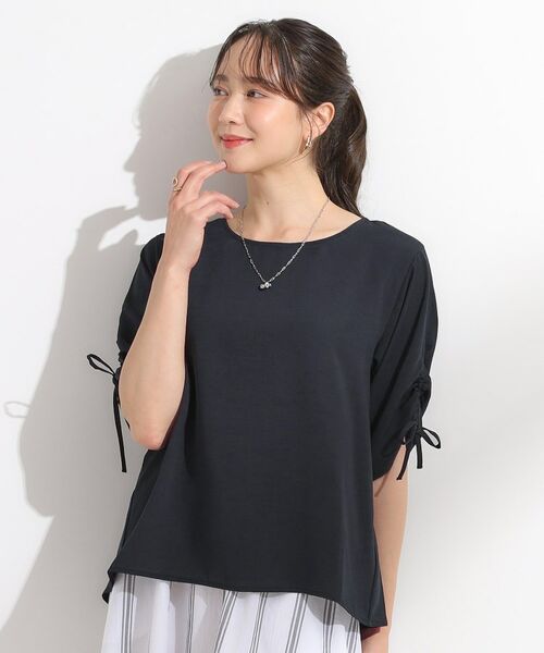 SHOO・LA・RUE / シューラルー シャツ・ブラウス | 【セットアップ可/洗える/S-LL】お袖シャーリング 麻調5分袖ブラウス | 詳細1