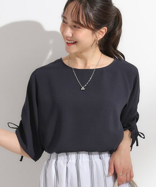 SHOO・LA・RUE/シューラルー 【セットアップ可/洗える/S-LL】お袖シャーリング 麻調5分袖ブラウス ネイビー(094) 03(L) SHOO・LA・RUE/シューラルー 【セットアップ可/洗える/S-LL】お袖シャーリング 麻調5分袖ブラウス ネイビー(094) 03(L)