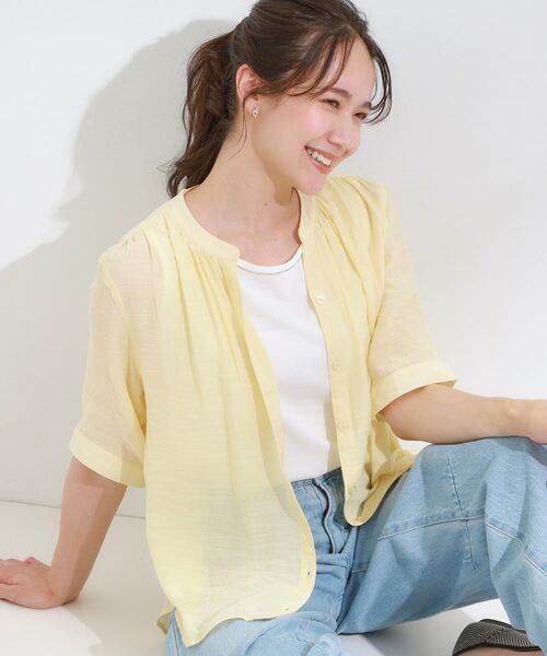 SHOO・LA・RUE / シューラルー シャツ・ブラウス | 【S-LL/2点セット】着るだけでコーデが決まる 麻調5分袖ブラウス+タンクトップ(ライトイエロー(030))