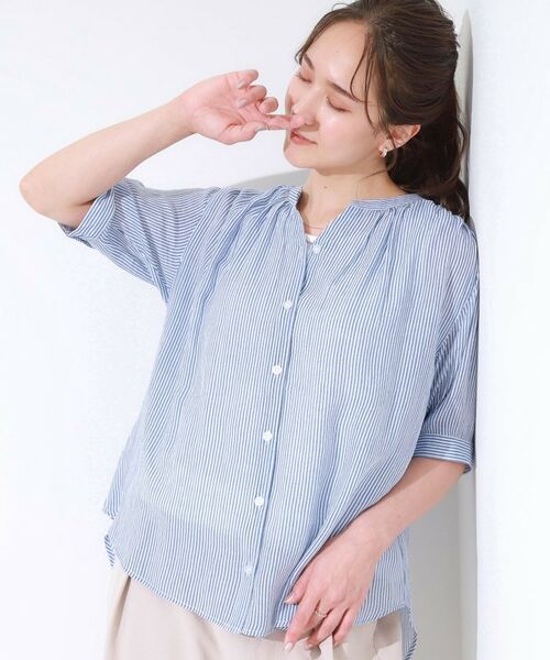 SHOO・LA・RUE / シューラルー シャツ・ブラウス | 【S-LL/2点セット】着るだけでコーデが決まる 麻調5分袖ブラウス+タンクトップ(ブルー(393))