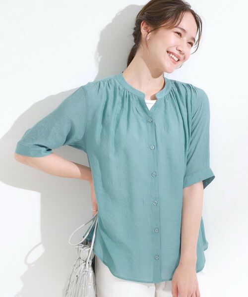SHOO・LA・RUE / シューラルー シャツ・ブラウス | 【S-LL/2点セット】着るだけでコーデが決まる 麻調5分袖ブラウス+タンクトップ(ブルー(092))