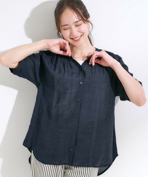 SHOO・LA・RUE / シューラルー シャツ・ブラウス | 【S-LL/2点セット】着るだけでコーデが決まる 麻調5分袖ブラウス+タンクトップ(ネイビー(094))
