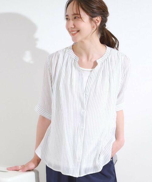 SHOO・LA・RUE / シューラルー シャツ・ブラウス | 【S-LL/2点セット】着るだけでコーデが決まる 麻調5分袖ブラウス+タンクトップ(オフホワイト(303))