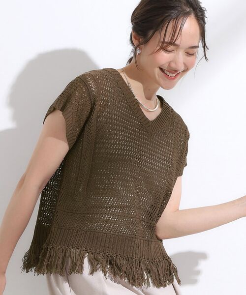SHOO・LA・RUE / シューラルー ニット・セーター | 【S-LL】裾フリンジマクラメVネックニット(ブラウン(043))