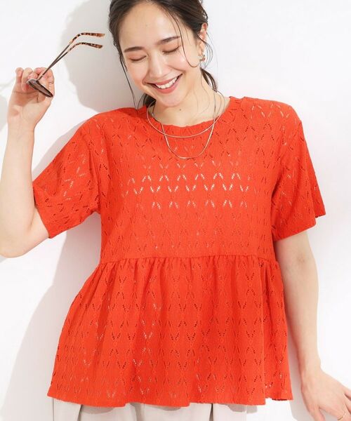SHOO・LA・RUE / シューラルー カットソー | 【S-LL】インせず決まる レースペプラムトップス(オレンジ(065))