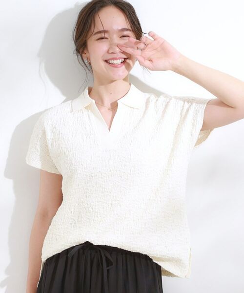 SHOO・LA・RUE / シューラルー カットソー | 【S-LL】一枚で着映え フレンチスリーブ ポロスキッパートップス(オフホワイト(003))