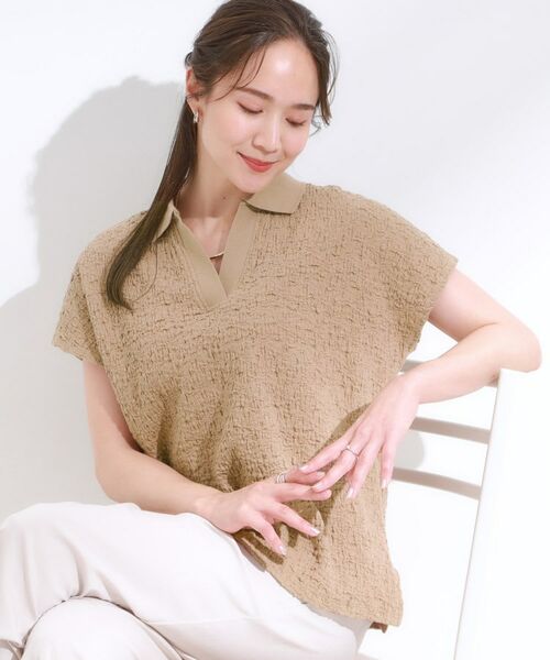 SHOO・LA・RUE / シューラルー カットソー | 【S-LL】一枚で着映え フレンチスリーブ ポロスキッパートップス(モカブラウン(042))