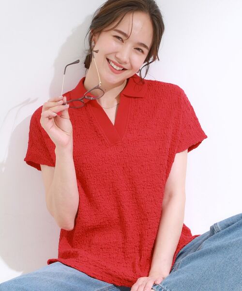 SHOO・LA・RUE / シューラルー カットソー | 【S-LL】一枚で着映え フレンチスリーブ ポロスキッパートップス(レッド(062))
