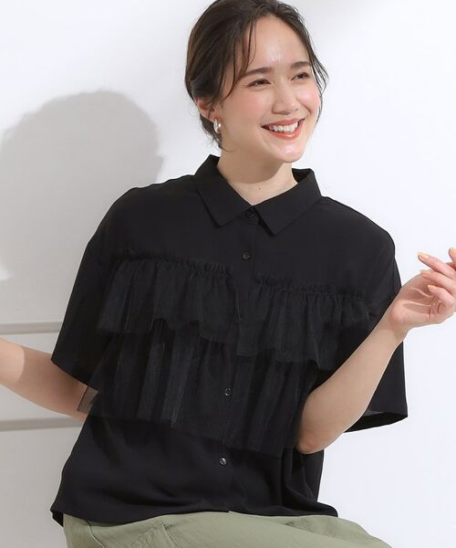 SHOO・LA・RUE / シューラルー シャツ・ブラウス | 【S-LL】一枚でサマ見え チュールドッキングシャツ(ブラック(019))