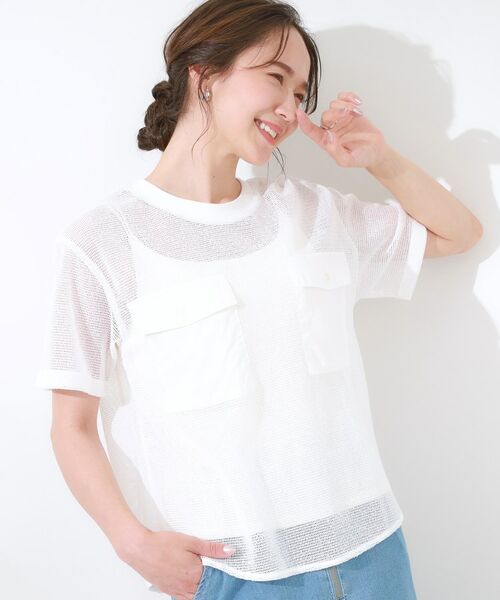 SHOO・LA・RUE/シューラルー 【S-LL】メッシュ素材で大人ヘルシー ポケット付きデザイントップス オフホワイト(003) 03(L) SHOO・LA・RUE/シューラルー 【S-LL】メッシュ素材で大人ヘルシー ポケット付きデザイントップス オフホワイト(003) 03(L)