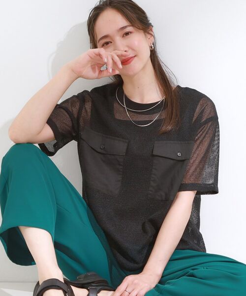 SHOO・LA・RUE / シューラルー カットソー | 【S-LL】メッシュ素材で大人ヘルシー ポケット付きデザイントップス(ブラック(019))