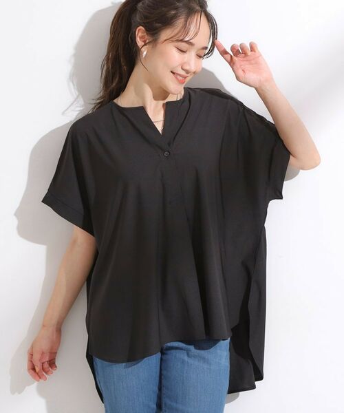 SHOO・LA・RUE / シューラルー カットソー | 【ひんやり】さらりとしたタッチが上品見え ワンボタンデザイン トップス(ブラック(019))