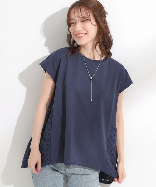 SHOO・LA・RUE / シューラルー カットソー | 【S-LL/体型カバー】インせずサマ見え レース使いAライントップス(ネイビー(094))