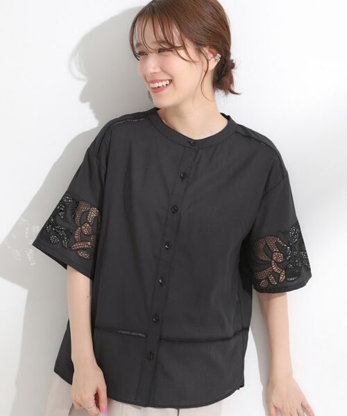 SHOO・LA・RUE / シューラルー シャツ・ブラウス | 【S-LL/6分袖】レースデザインで華やか見え お袖刺繍ブラウス(ブラック(019))