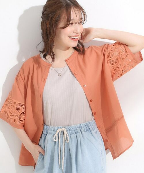 SHOO・LA・RUE / シューラルー シャツ・ブラウス | 【S-LL/6分袖】レースデザインで華やか見え お袖刺繍ブラウス(オレンジ(067))
