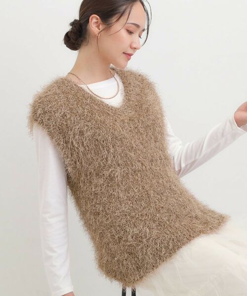 SHOO・LA・RUE / シューラルー ニット・セーター | 【2点セット/S-LL】大人のフェミニンカジュアルに ラメシャギーニットベスト+ロンT(モカブラウン(042))