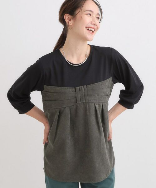 SHOO・LA・RUE / シューラルー カットソー | 【S-LL】気になるウエストもさり気なくカバー リボン風ドッキングトップス(チャコールグレー(514))
