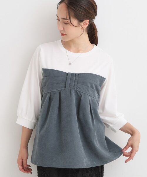 SHOO・LA・RUE / シューラルー カットソー | 【S-LL】気になるウエストもさり気なくカバー リボン風ドッキングトップス(ブルー(593))