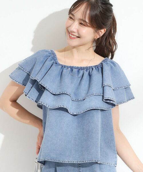 SHOO・LA・RUE / シューラルー シャツ・ブラウス | 【セットアップ可/前後2WAY/オフショル2WAY】着こなしを楽しめる デニムフリルブラウス(ブルー(092))