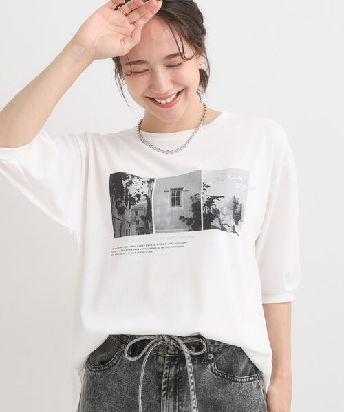 SHOO・LA・RUE/シューラルー 【S-LL/ひんやり】大人の5分袖 プリントTシャツ オフホワイト(003) 02(M) SHOO・LA・RUE/シューラルー 【S-LL/ひんやり】大人の5分袖 プリントTシャツ オフホワイト(003) 02(M)