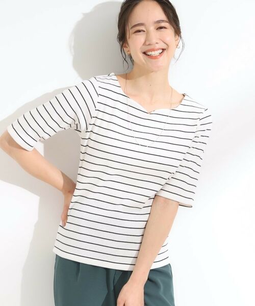 SHOO・LA・RUE / シューラルー カットソー | 【S-LL】女性らしさ漂うハートネック テレコ5分袖トップス(オフホワイト(303))