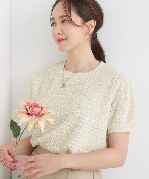 SHOO・LA・RUE / シューラルー カットソー | 【S-LL】大人も着やすい愛らしさ リボンヤーン半袖トップス(グレージュ(050))