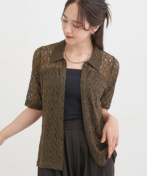 SHOO・LA・RUE / シューラルー カットソー | 【S-LL/5分袖】大人の抜け感 襟付きレーストップス(モカブラウン(042))