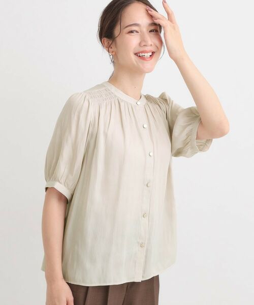 SHOO・LA・RUE / シューラルー シャツ・ブラウス | 【洗える/S-LL】お仕事にもデイリーにも サテン5分袖ブラウス(ライトベージュ(051))