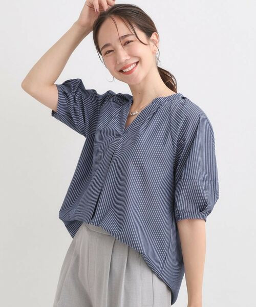 SHOO・LA・RUE / シューラルー シャツ・ブラウス | 【S-LL/洗濯後しわになりにくい】ランタン5分袖 スキッパーブラウス(ブルー(393))