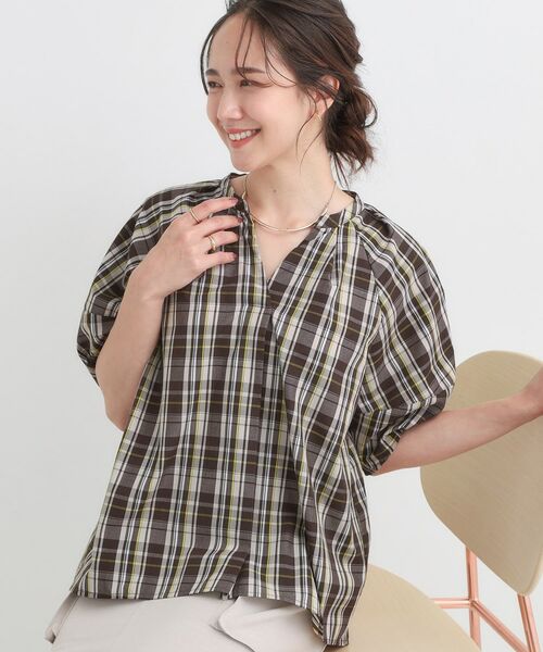 SHOO・LA・RUE / シューラルー シャツ・ブラウス | 【S-LL/洗濯後しわになりにくい】ランタン5分袖 スキッパーブラウス(モカブラウン(242))