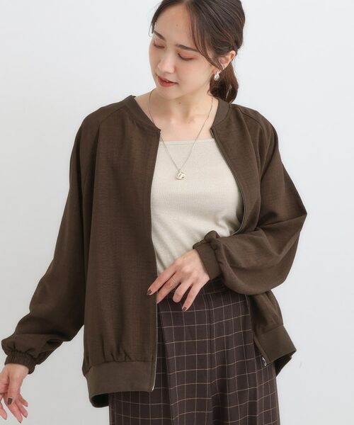 SHOO・LA・RUE / シューラルー レザーブルゾン・ジャケット | 【S-LL】さらりと気軽に羽織れる 麻調リブブルゾン(ブラウン(043))