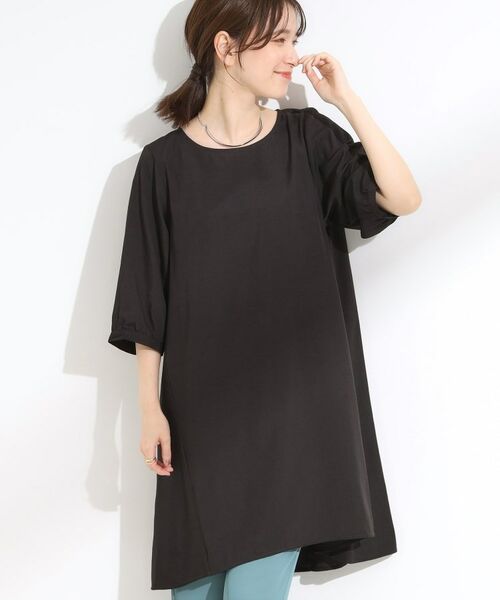 SHOO・LA・RUE / シューラルー チュニック | 【S-LL/洗濯後しわになりにくい/UV/6分袖】コットン風 Aラインチュニックワンピース(ブラック(019))