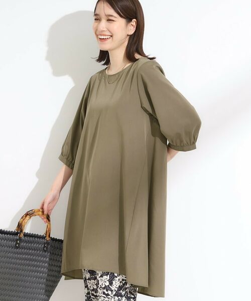 SHOO・LA・RUE / シューラルー チュニック | 【S-LL/洗濯後しわになりにくい/UV/6分袖】コットン風 Aラインチュニックワンピース(カーキ(027))