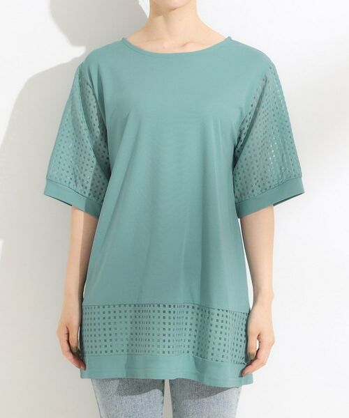 SHOO・LA・RUE / シューラルー チュニック | 【ひんやり/S-LL/洗える】シアーチェックが涼やか 5分袖チュニック | 詳細13