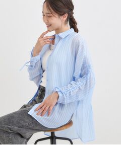 SHOO・LA・RUE / シューラルー シャツ・ブラウス | 【S-LL/ひんやり】程よい透け感 ストライプ柄 お袖ギャザーデザインシャツ