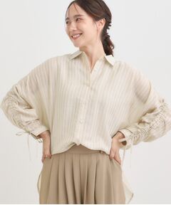 SHOO・LA・RUE / シューラルー シャツ・ブラウス | 【S-LL/ひんやり】程よい透け感 ストライプ柄 お袖ギャザーデザインシャツ
